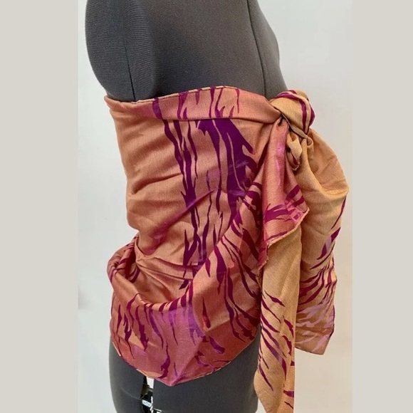 VINTAGE 1980s KOREAN SILKY ORGANZA LONG SCARF WRAP MAGENTA PURPLE GOLD ABSTRACT - Picture 4 of 6